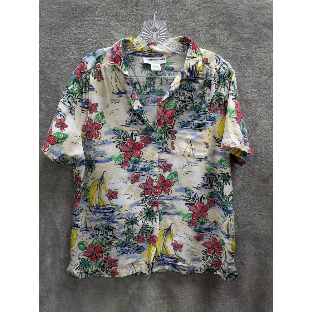 Floral Shirt Women's Large Short Sleeve Tropical Hawaiian Sailboat Camp‎ Scenery